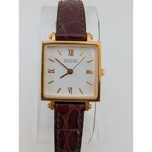 Ecclissi Watch Womens 23mm Square Gold Tone Brown Leather Strap- New Battery
